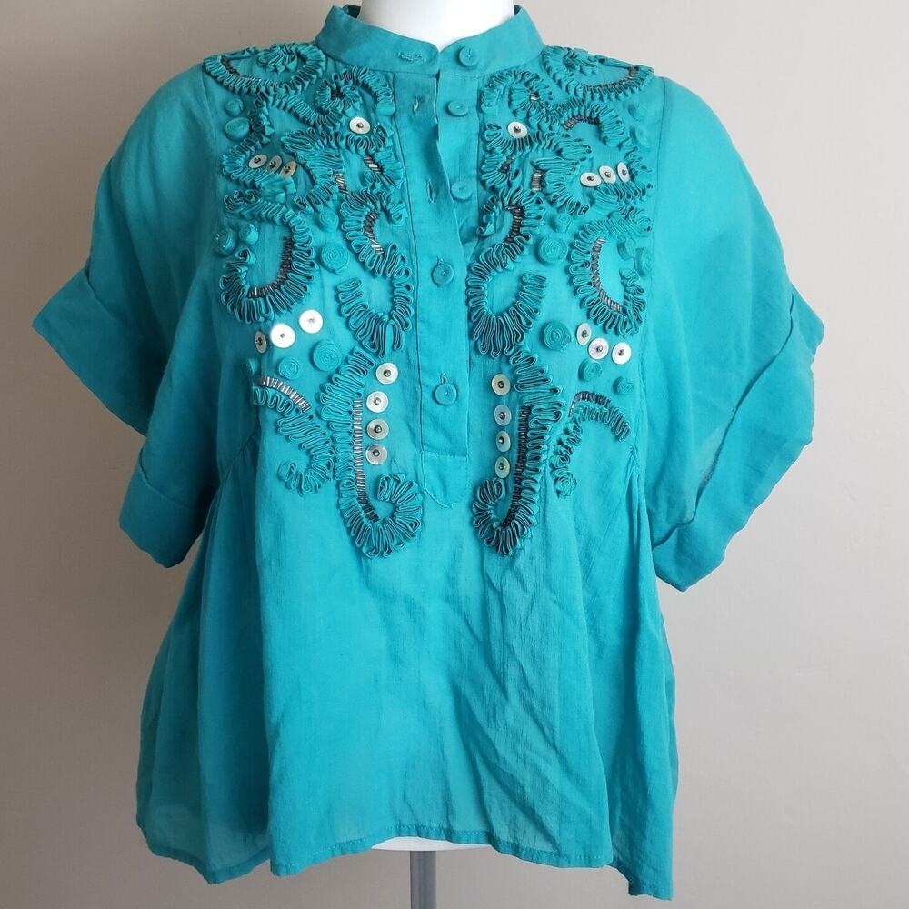 3.1 Phillip Lim Embroidered Embellished Baby Doll Teal Womens Boho Blouse Sz 4